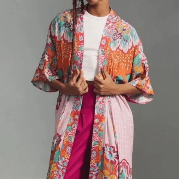 Anthropologie × Conditions Apply Floral Print Cinch Tie Waist Kimono Duster Top - Picture 3 of 16